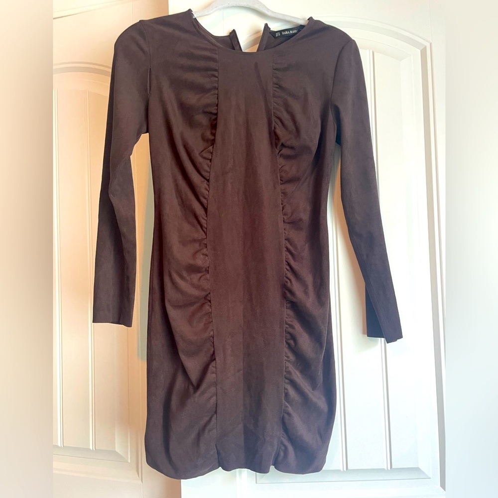 Zara Dress BROWN Faux Suede Long Sleeve Dress Size Medium